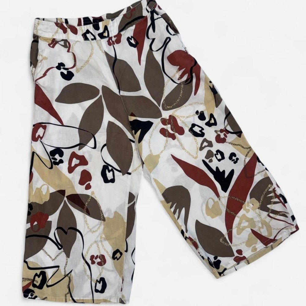 100% Linen Wide Leg Abstract Floral Leaf Print Pants